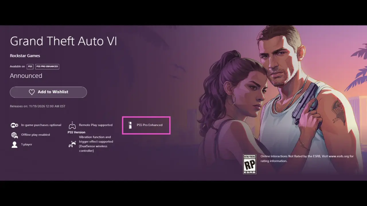 PlayStation Store listing for Grand Theft Auto VI showing the PS5 Pro Enhanced designation