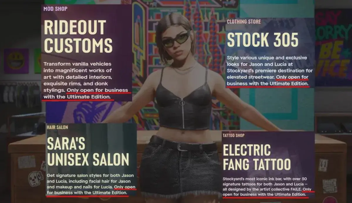 GTA 6 Ultimate Edition artwork showing the exclusive Rideout Customs, Sara’s Salon and Stock 305 businesses