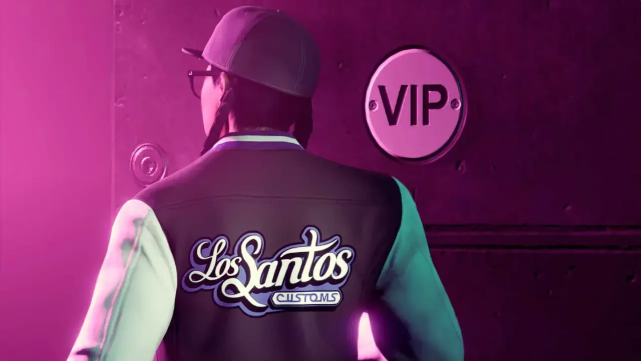 GTA+ benefits artwork showing a member wearing a Los Santos Customs jacket beside a VIP door
