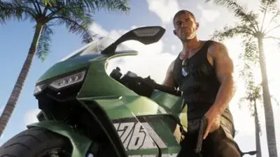 Jason beside a green motorcycle in Grand Theft Auto VI