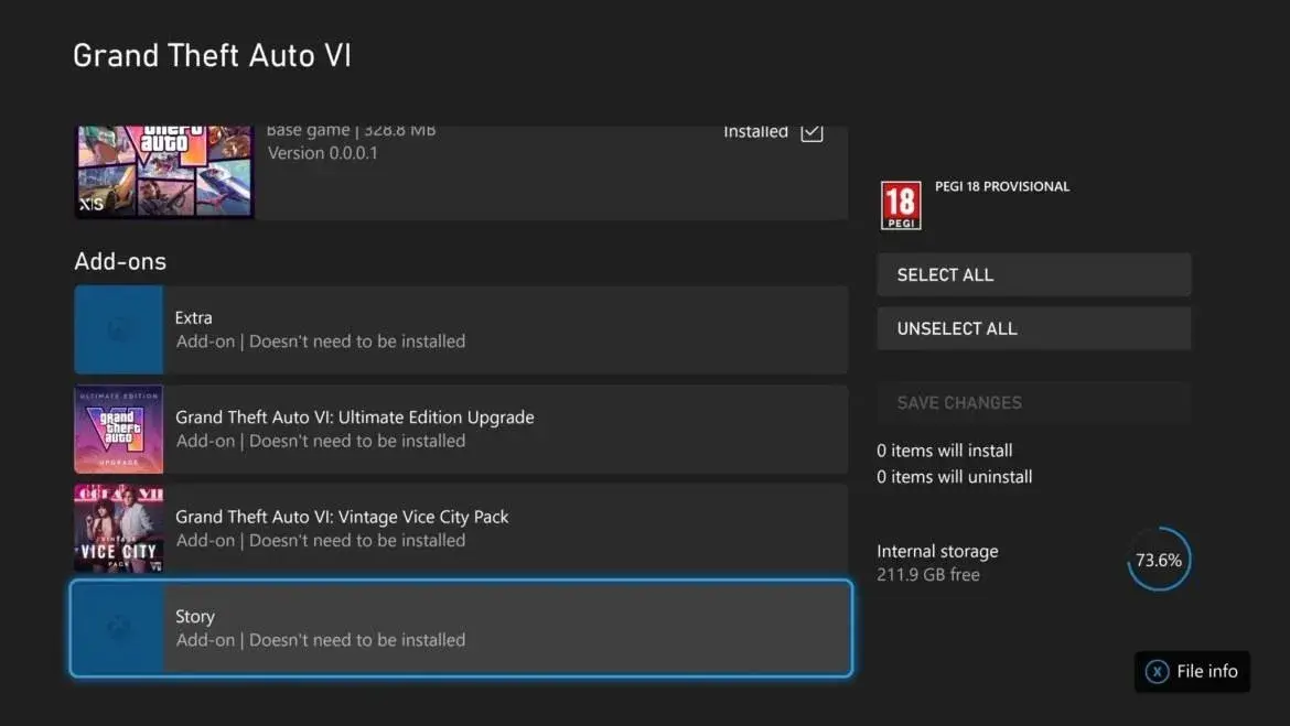 Xbox storage-management screen showing a GTA 6 placeholder package, add-ons, and available console storage