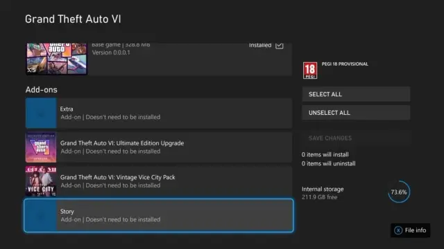Xbox storage-management screen showing a GTA 6 placeholder package, add-ons, and available console storage