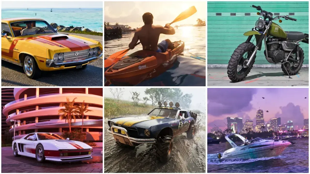 Grand Theft Auto VI Ultimate Edition vehicle montage showing the Cheetah, kayak, motorcycle, buggy, and watercraft