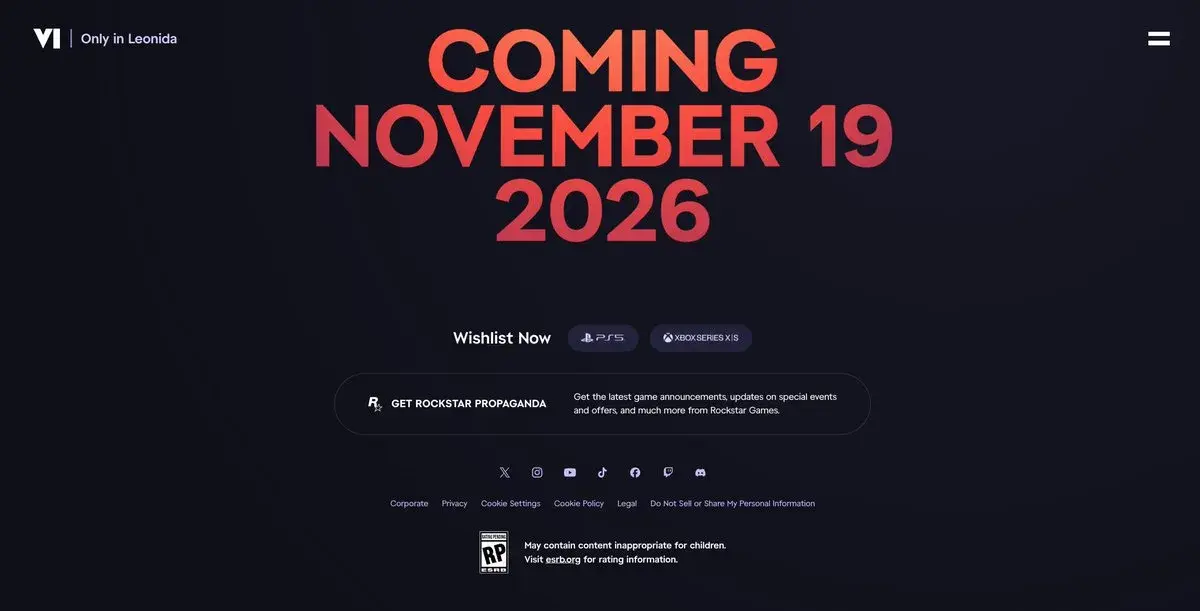 Official GTA VI webpage showing the November 19, 2026 release date with PS5 and Xbox Series X|S wishlist buttons