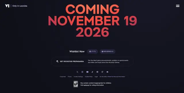 Official GTA VI webpage showing the November 19, 2026 release date with PS5 and Xbox Series X|S wishlist buttons