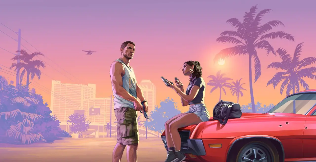 Jason and Lucia beside a red car at sunset