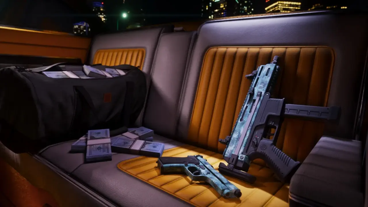 Firearms with blue tropical finishes resting on the rear seat of a car