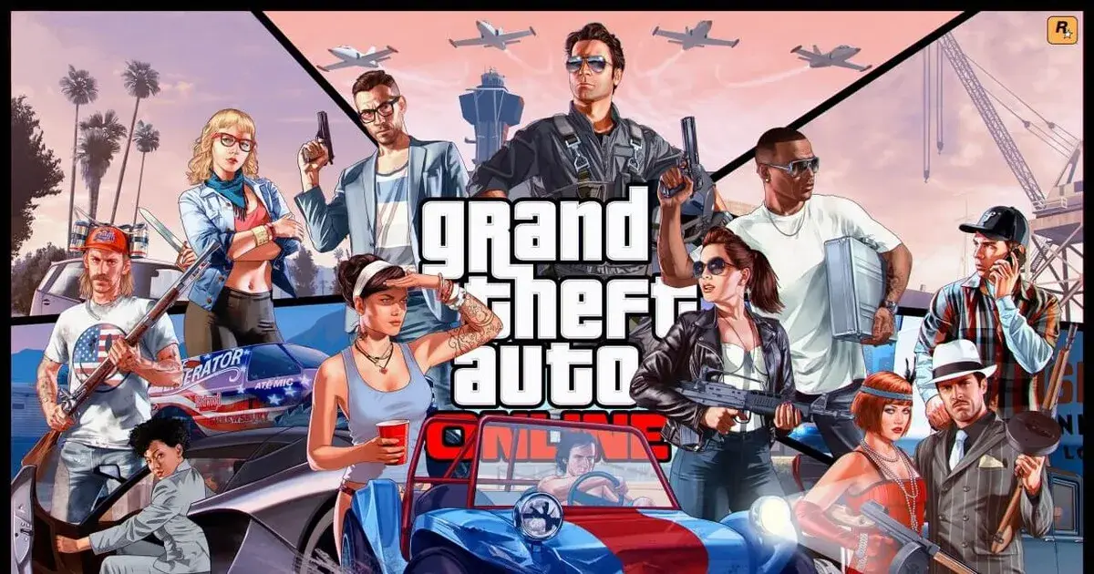 GTA Online promotional artwork with multiple characters, vehicles, and aircraft