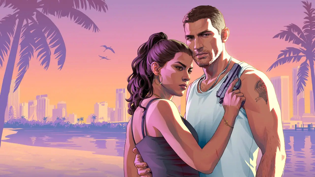 Jason Duval and Lucia Caminos together on a beach in official GTA VI artwork