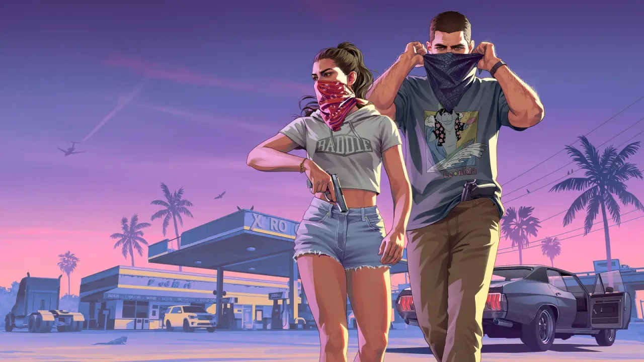 Official illustration of masked Jason and Lucia outside a store