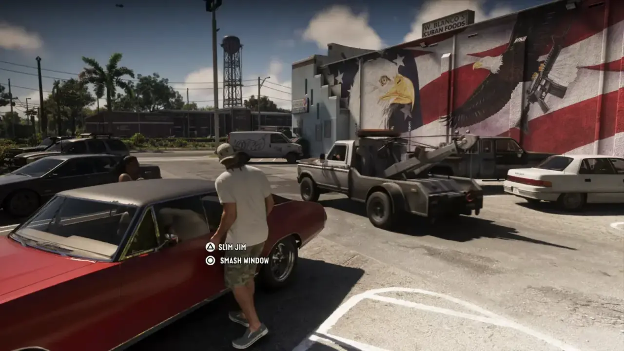 Character beside a red car in an open parking lot beside a Cuban food shop