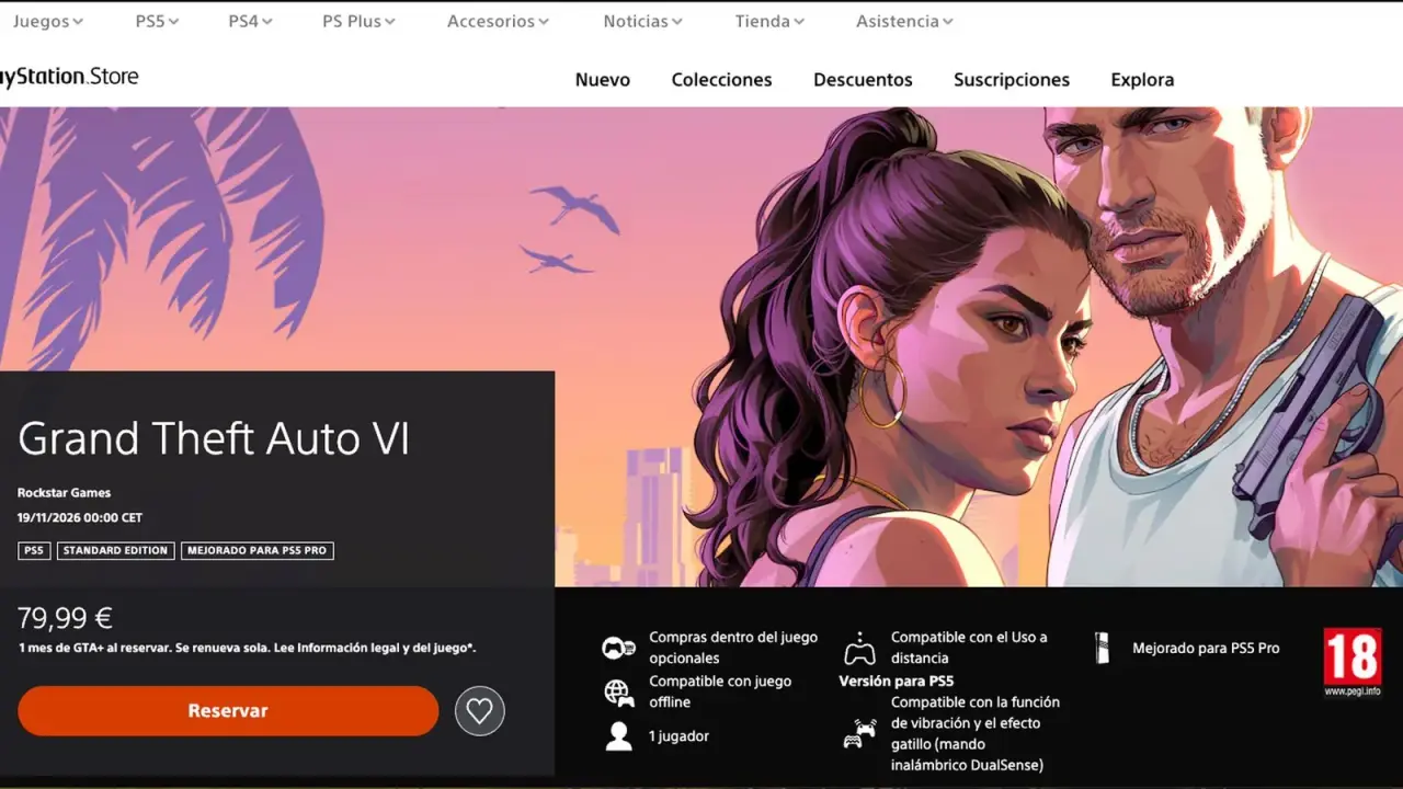 Spanish GTA VI PlayStation listing showing PS5 support and the one-player label