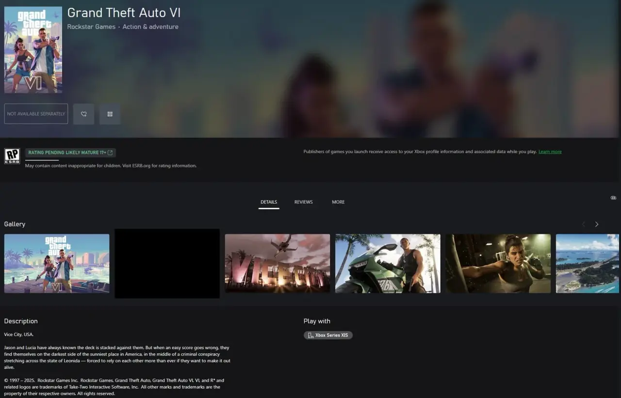 Xbox GTA 6 listing displaying Xbox Series X|S compatibility