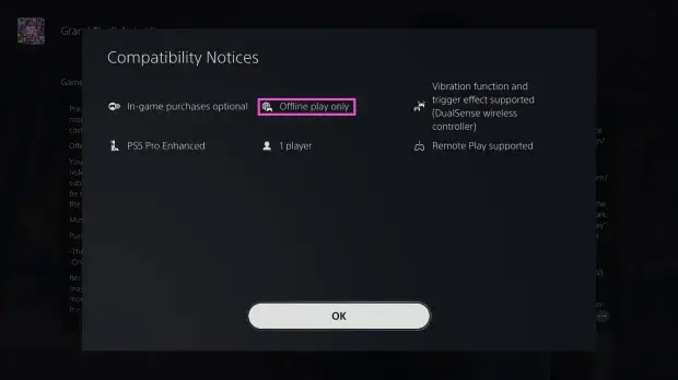 Grand Theft Auto VI compatibility notices showing “Offline play only,” “PS5 Pro Enhanced,” and “1 player.”