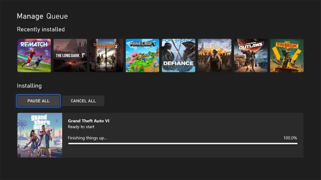 Earlier Xbox Manage Queue example showing a GTA VI installation entry