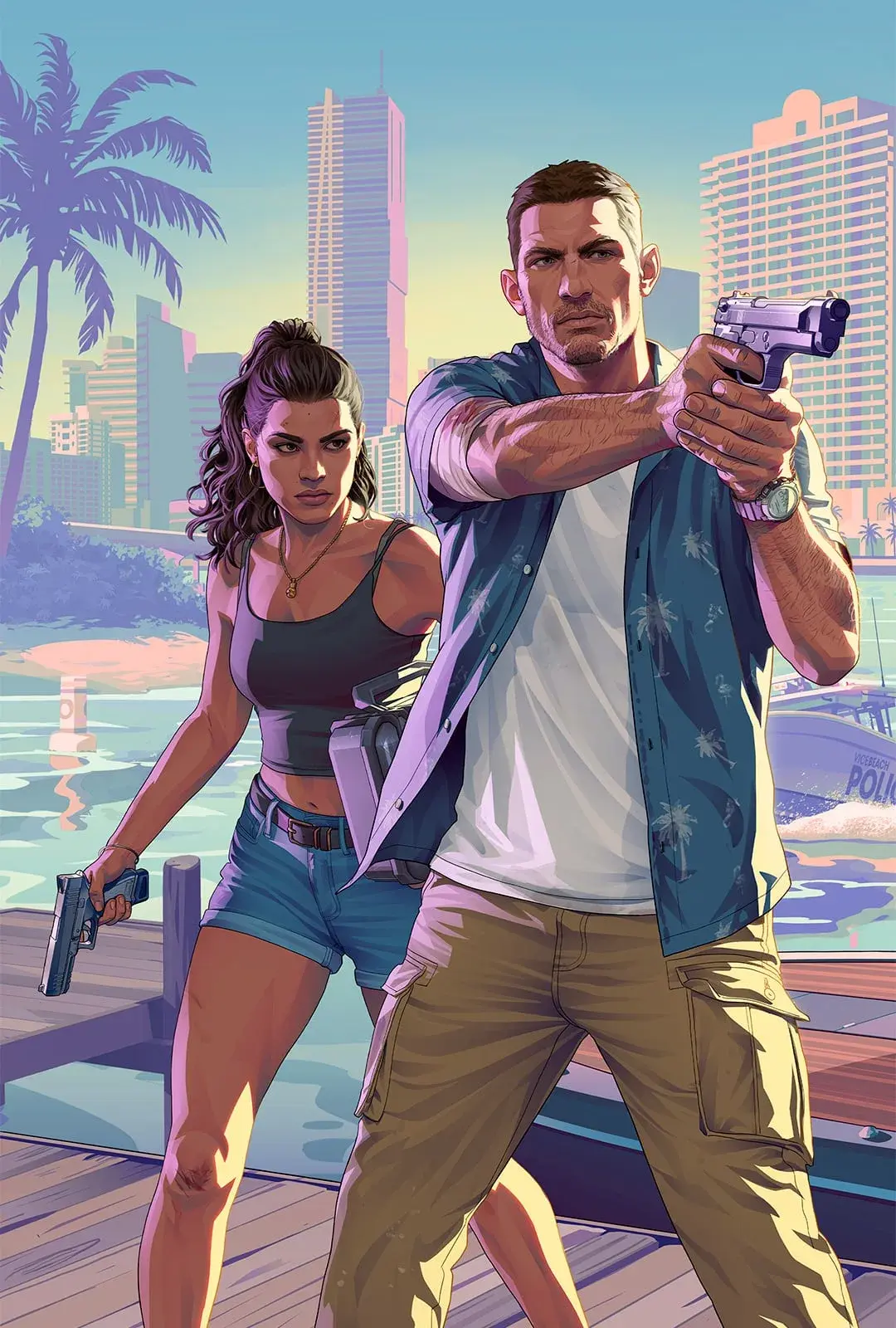 Jason holding a pistol with Lucia behind him