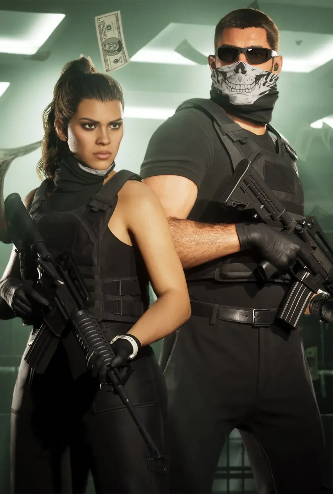 Masked Jason and Lucia seated together with weapons