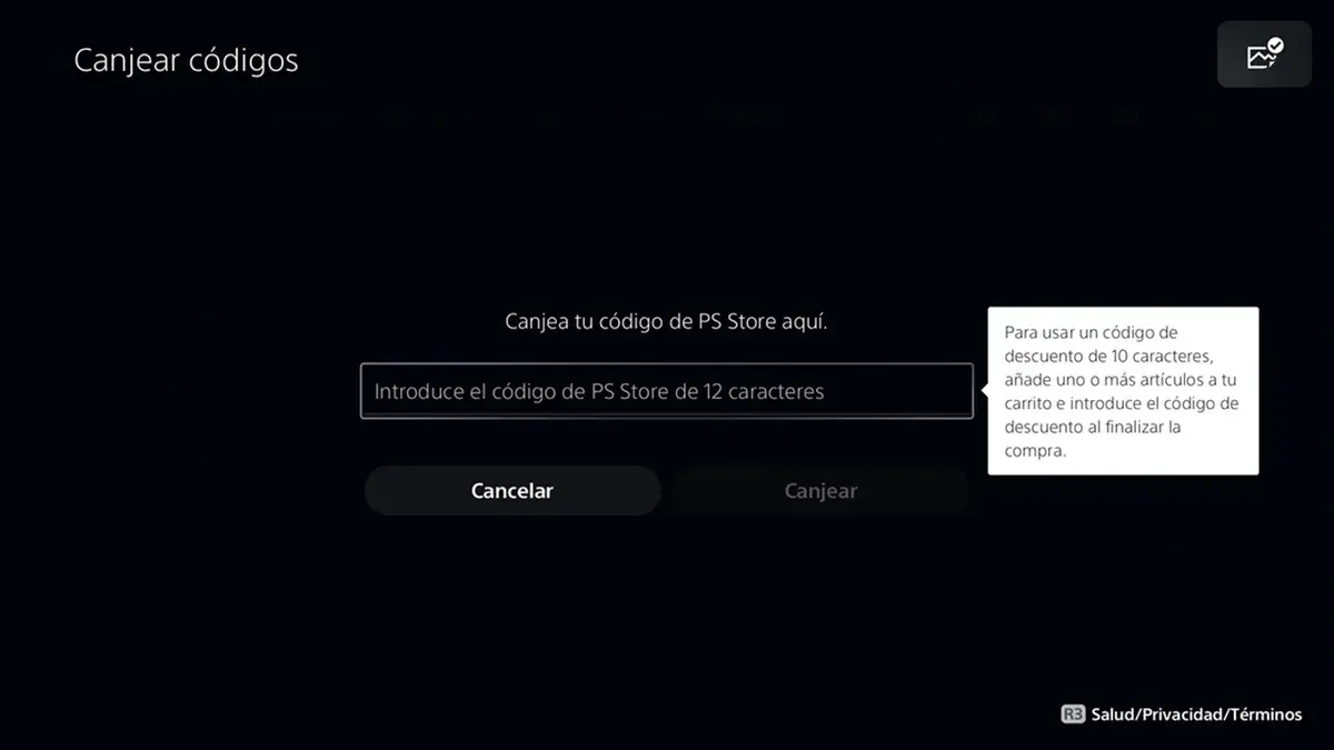 Spanish-language PS5 voucher-code entry screen