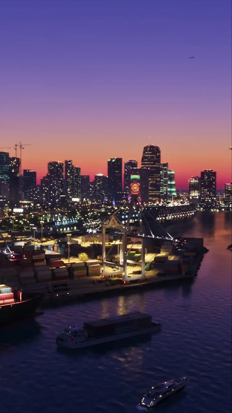 Vice City waterfront skyline at dusk