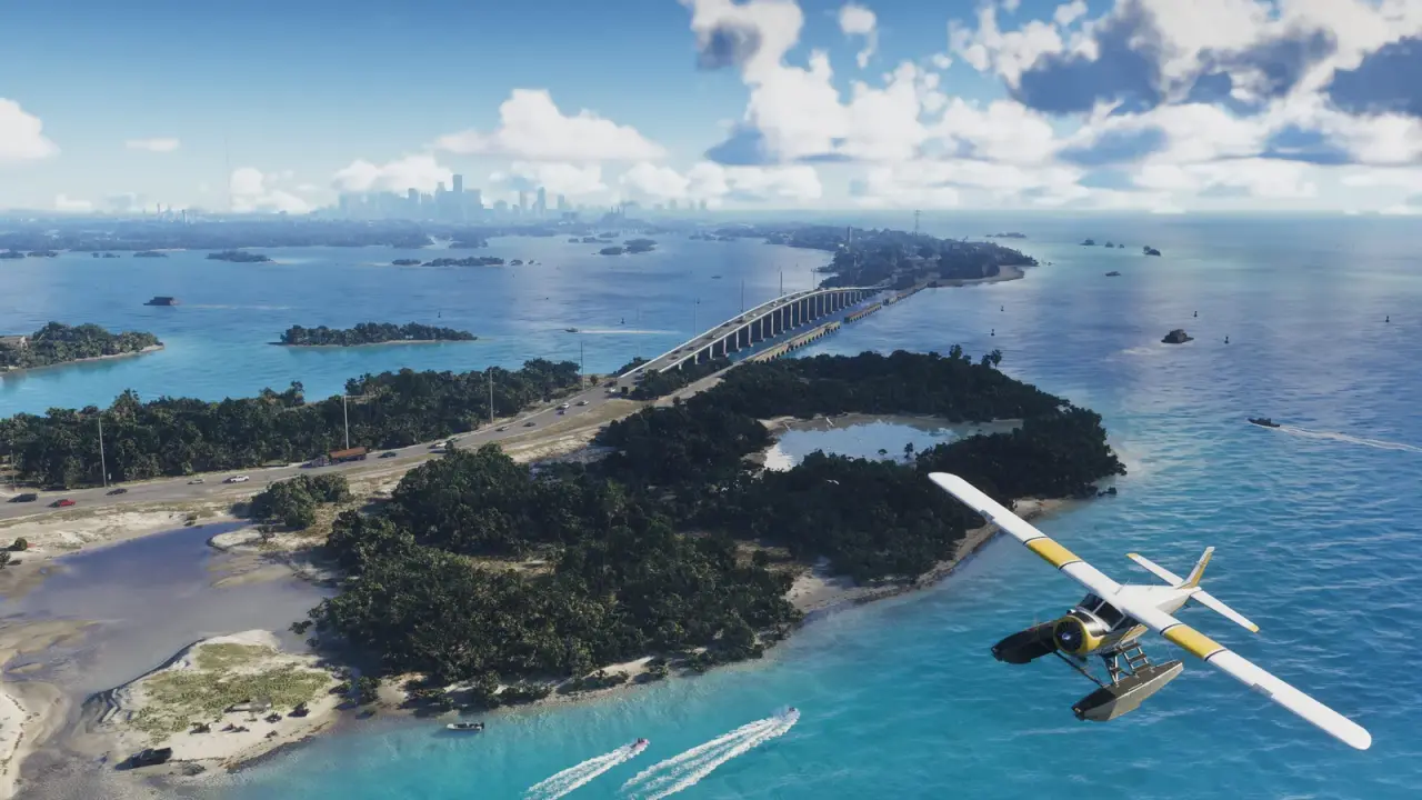 Seaplane, boats, islands, and a bridge in the Leonida Keys