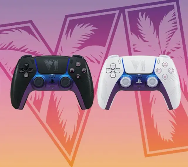Black and white Grand Theft Auto VI limited-edition DualSense controllers shown together from the front