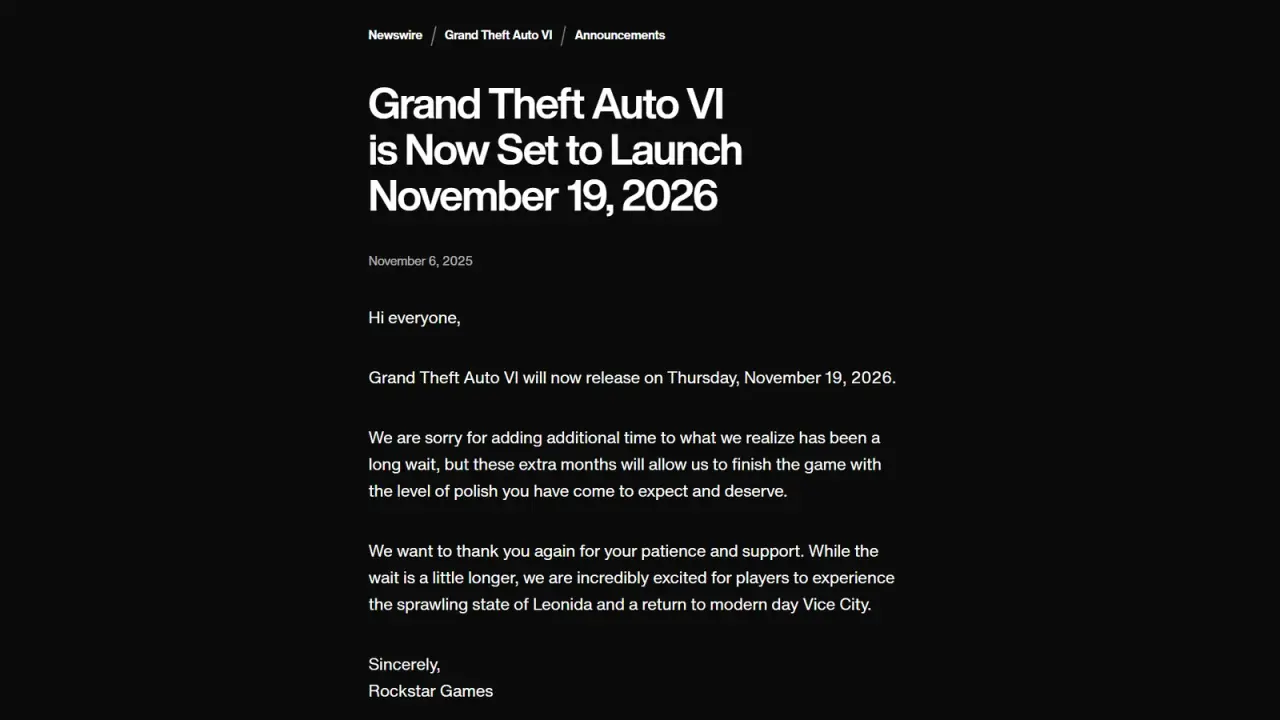 Rockstar Newswire announcement dated November 6, 2025, giving the November 19, 2026 game release date