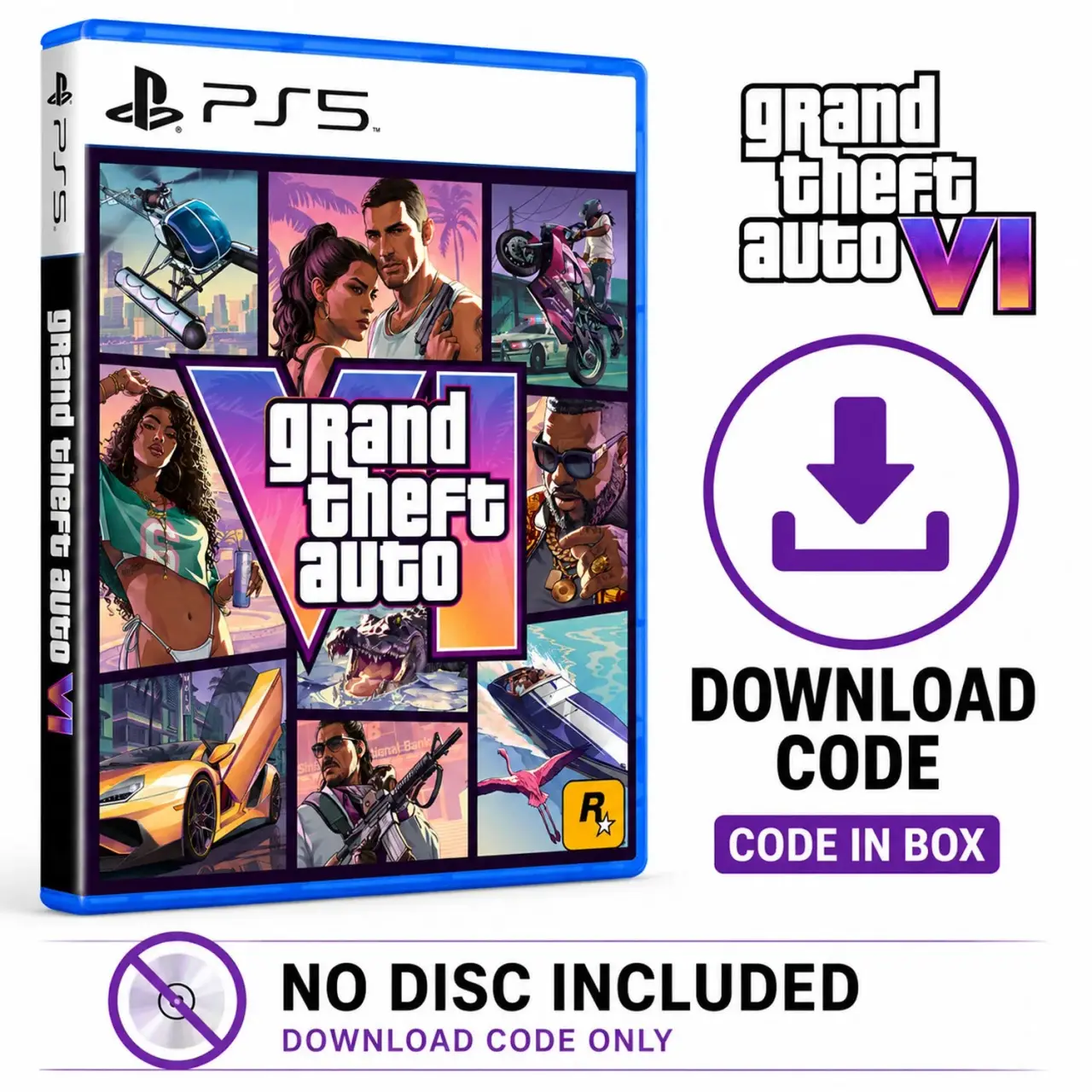 Grand Theft Auto VI PS5 code-in-box package marked Download Code, Code in Box, and No Disc Included