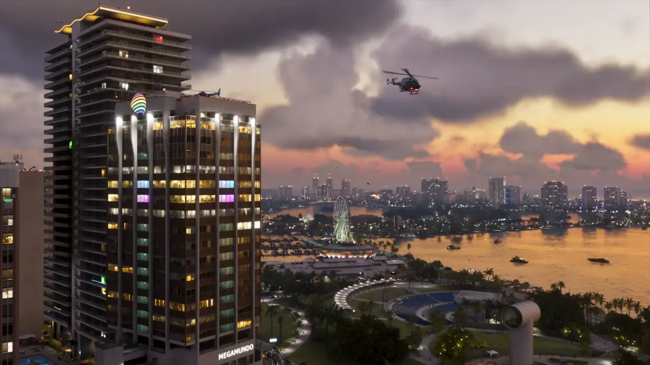 Vice City waterfront skyline and waterways at dusk
