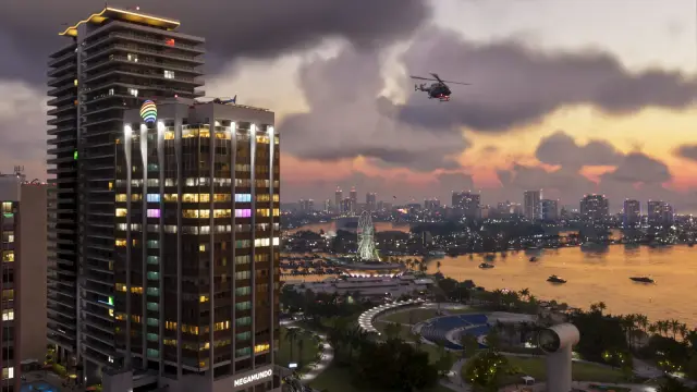 Vice City waterfront skyline and waterways at dusk