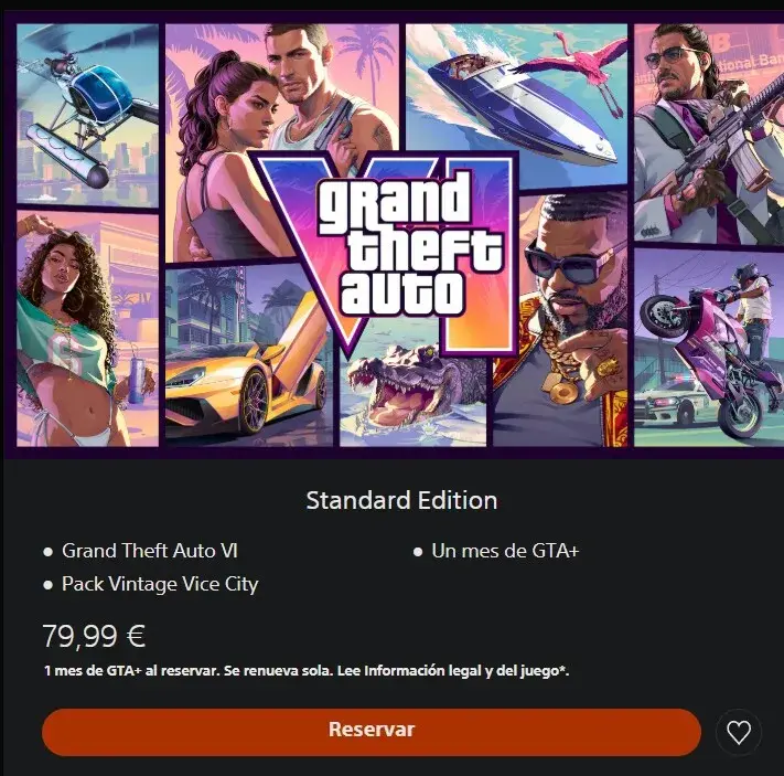 PlayStation Store Standard Edition panel listing Grand Theft Auto VI, the Vintage Vice City Pack, and one month of GTA+
