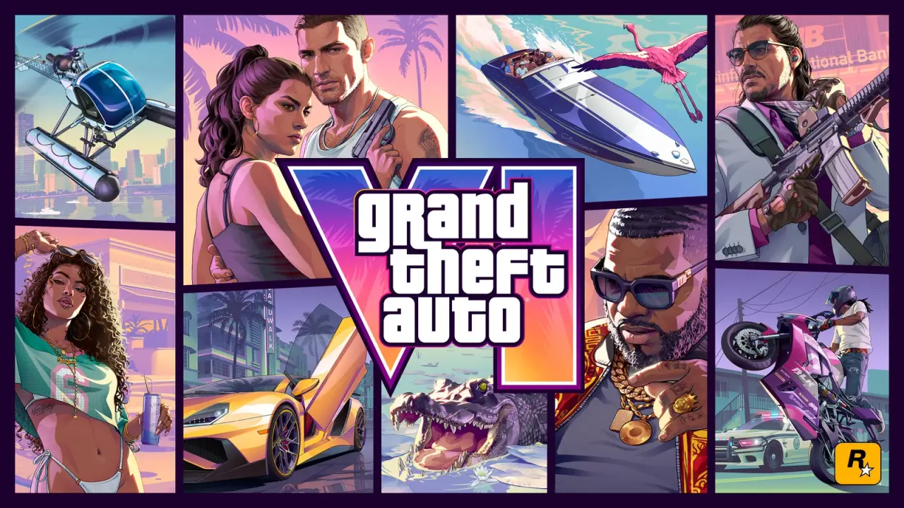 Official Grand Theft Auto VI cover artwork featuring Jason and Lucia in Vice City