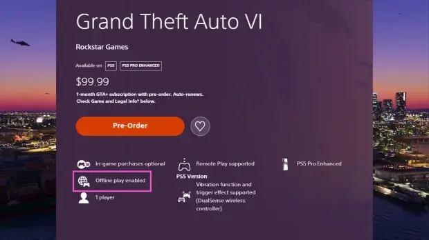 PlayStation Store listing for Grand Theft Auto VI showing the “Offline play enabled” feature label.