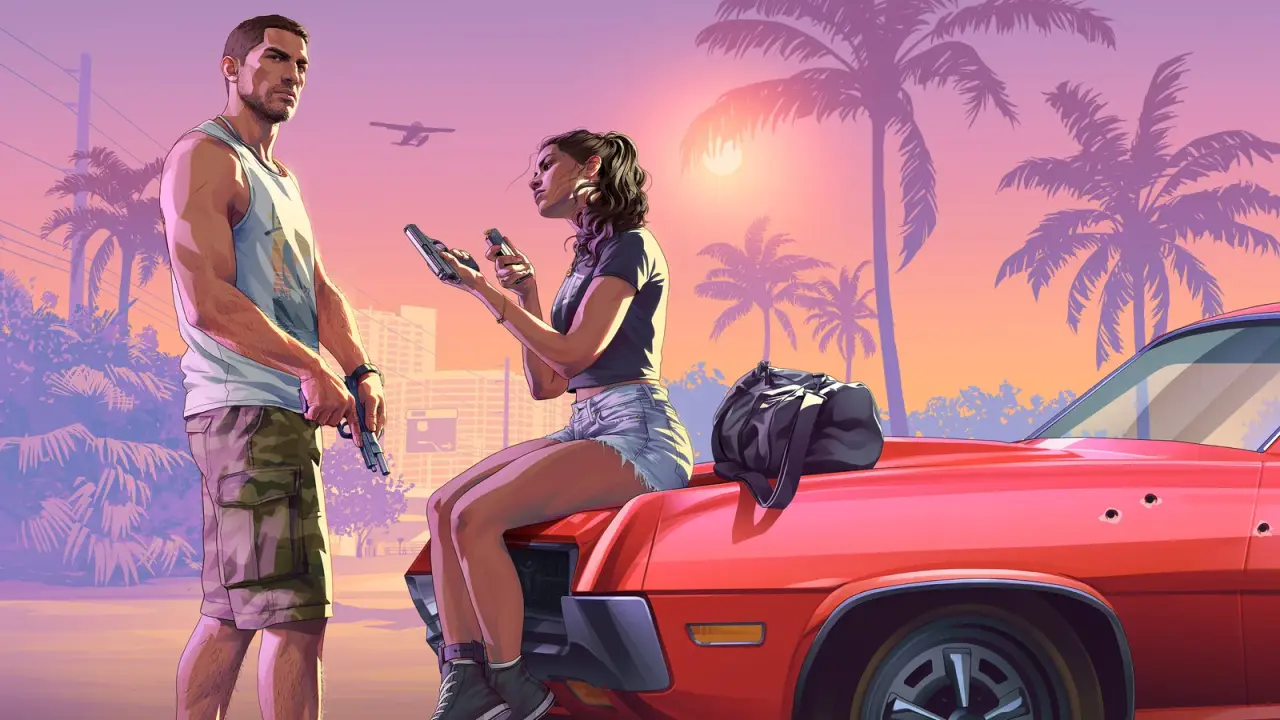 Official Grand Theft Auto VI artwork showing Jason and Lucia together