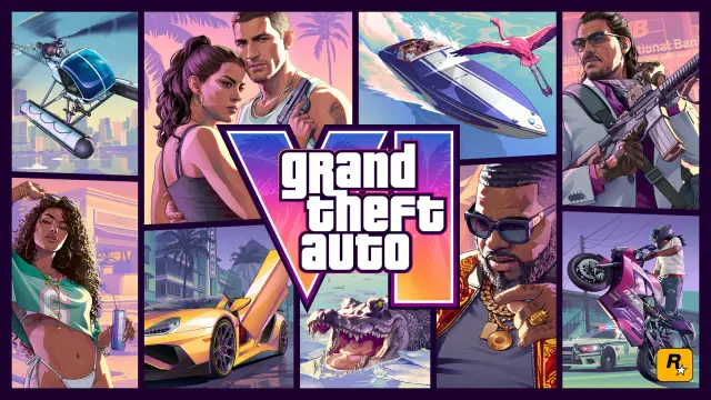 Grand Theft Auto VI key art featuring Jason, Lucia, vehicles, and the GTA VI logo