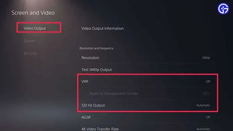PS5 Screen and Video settings showing VRR and 120 Hz Output options